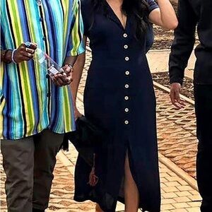 Wilfred Blue and Yellow Sheath Midi Dress V-Neck